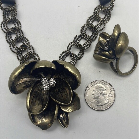 Fossil Leather Gold Tone Metal Flower Necklace & Ring Set - Picture 6 of 10